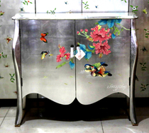 Silver foil furniture Chinese furniture hand-painted furniture foyer porch cabinet display cabinet double door cabinet silver foil flowers and birds