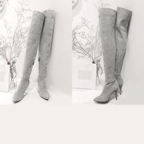 Korea handmade custom trendy soft face frosted sheep leather shallow pointed wrap leg over knee sexy long boot grey