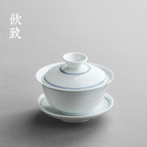 Jingdezhen Blue and white cover bowl Teacup White porcelain three-color teacup tea cup small hand-painted single thin tire tea set