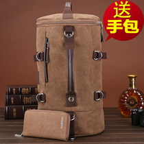 Cylindrical canvas Korean version backpack Large capacity shoulder bag Mens multi-function backpack Travel bucket luggage bag