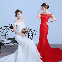 Waist fishtail wedding dress fishtail tail tail slim 2021 new style bride one shoulder red toast dress evening dress