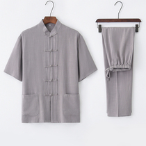 Tang men's short sleeve set cotton linen summer dad clothes Chinese stand collar buttons Chinese clothes tea clothes men's clothes Chinese style