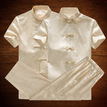 Summer couple mulberry silk dress middle-aged and elderly Tang suit mens short sleeve summer dress old man grandfather Chinese silk suit