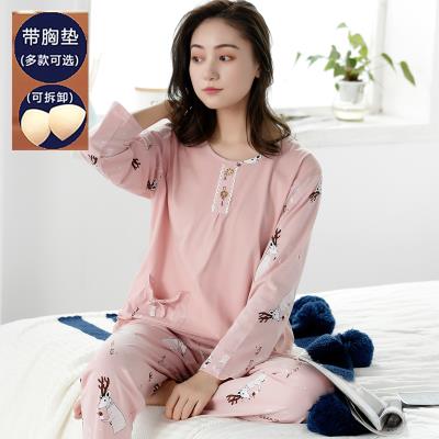 Autumn and winter with bra pad cover middle-aged mother pajamas young women long sleeve cotton thin loose spring summer suit