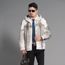 New mink fur coat mens whole mink with cap cross mink fur fur coat fur coat fur coat leather grass man