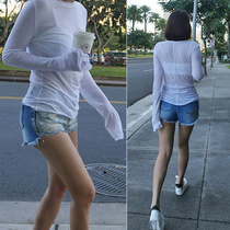 That day hair Korean sexy super long sleeve skin comfortable micro transparent white slim T-shirt CS766