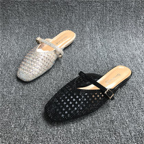 Xia New Code Processing Leather Woman Shoes White Head Scarlet Diamond Grandma Shoes Flat Solar Sandals Shoes