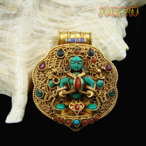 Nepalese handicrafts 925 silver gilt inlaid gemstone four-arm Guanyin Manjushri Bodhisattva Gawu box pendant