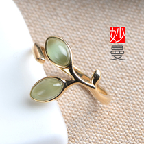 Hetian Jade Jasper ring Russian old pit cat eye ring 18K gold inlaid jade female finger fashion fresh