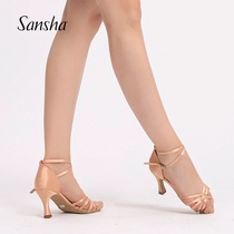 Sansha French three Saladin dance shoes Female adult middle heel ribbon ballroom dance Rumba Cha Cha national standard dance shoes