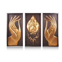 Thai crafts wood carving wall ornaments three-spelling Golden Lotus bergamot hanging Board living room wall Wall Wall strip screen wood carving painting