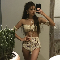 Net red hand-knitted shoulder hollow bikini sexy Lotus Leaf sleeve split swimsuit women