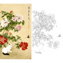 Meticulous painting white drawing draft of peony cat print Yu Zhizhen old Changchun 68*120 original large color picture 544T