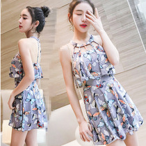 Womens one-piece swimsuit boxer pants with chest pad butterfly fashion waist slim belly cover Korean version of comfortable high neck swimwear