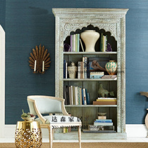 American French retro solid wood bookcase carved multi-layer lockers European style old water wash blue bookcase storage cabinet