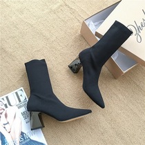 IT new velvet booties womens thick-heeled pointed shoes bare boots high-heeled mid-barrel boots knitted boots socks boots stretch boots