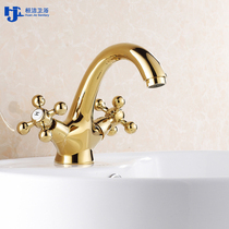 Hwan cleaning full copper golden face basin tap hot and cold washbasin double handle washbasin tap Euro table basin tap