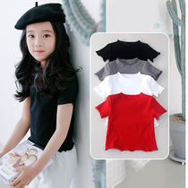 Korean summer New Girl T-shirt cotton middle child short sleeve body wave Garden collar solid color top base shirt