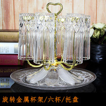 Household water cup set Heat-resistant glass set Lead-free diamond cup water set with tray Rotating drain cup holder