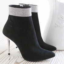 Korea handmade custom inlaid drill sexy woman taste frosted cow leather pointed fine high heel and ankle short boot