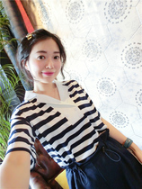 BORAKOO South Korea Dongdaemun summer retention ~ dark blue stripes lapel Cotton T Bud shorts = suit