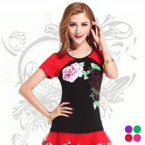  Square dance top new peony short-sleeved summer square dance practice suit slim-fit top