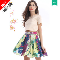 Naixin customized 2033 summer new fashion round neck short sleeve solid color top vintage print skirt set