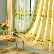 Pastoral sun flower embroidered curtain cloth shading cloth Living room bedroom curtain cloth Finished floor floating curtain yarn