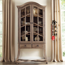 American solid wood dining side cabinet French retro cupboard bookcase wine cabinet Oak arched two-door glass cabinet display cabinet