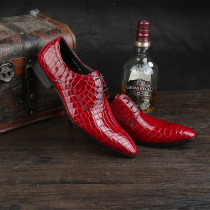 Fashion crocodile pattern trend British patent leather shiny purple blue mens suit leather shoes model does not touch water wine red