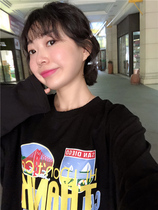 BORAKOO Korea Dongdaemun autumn weather age ~ old black print pattern round neck long sleeve T-shirt