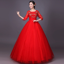 Red Bride wedding toast seven-point sleeve dress wedding dress 2019 new nail beads