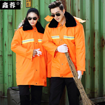 Winter sanitation cotton coat thickened mens and womens cleaning overalls medium and long orange reflective cleaning peoples quilted jacket against the cold