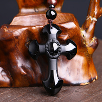 Obsidian cross Obsidian pendant Mens and womens pendant Jade necklace European and American matte Jesus jewelry