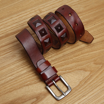 LAN Mens original leather embossed Belt locomotive wind cowhide belt head layer cowhide thin belt denim
