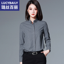 High-end gray shirt womens long-sleeved 2021 spring and autumn new top fashion temperament stand-up collar professional base shirt