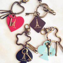 Korean couple retro pure copper keychain retro tower series cowhide key decoration pendant birthday gift