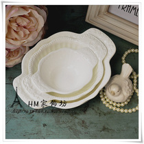 Baroque zakka embossed ceramic white vintage tableware Court bone China with handle Western-style soup noodle color pull rice bowl