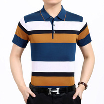 Summer mens T-shirt middle-aged woodpecker striped Dad Straight Drum Loose Mulberry Silk Short Sleeve T-shirt Blouse