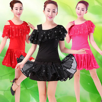 Spring and summer bright yarn square dance clothing oblique shoulder short sleeve women Latin dance practice short skirt suit large size