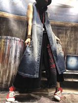 Forest department washed knitted denim printed patch loose large size V-neck medium long sleeveless vest vest for women