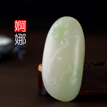 Yurun Yipin Hetian Jade Su Gong master carved jade pendant Qinghai material with green color lotus flower Liansheng Noble seed pendant