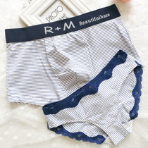 (Two packs)Sexy temptation lace small fresh couple panties pure cotton mens boxer womens triangle low waist