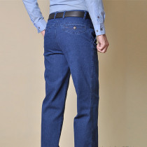 Middle aged men high waist deep crotch elastic casual jeans straight cylinder large code loose long pants pure cotton abrasion resistant