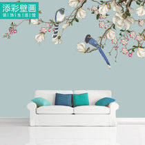 Bedroom living room TV background wallpaper magnolia flowers and birds seamless wall cloth hanging wallpaper retro new Chinese wallpaper
