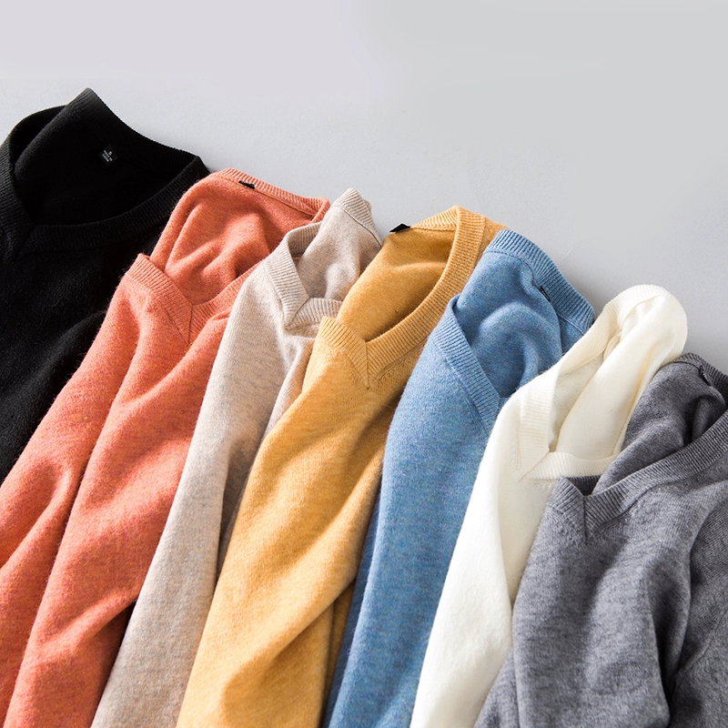 Pha trộn cashmere! Khách hàng cũ nhắm mắt lại! Phù hợp với phong cách phòng tối giản V-cổ rắn màu áo len nam dài tay - Kéo qua