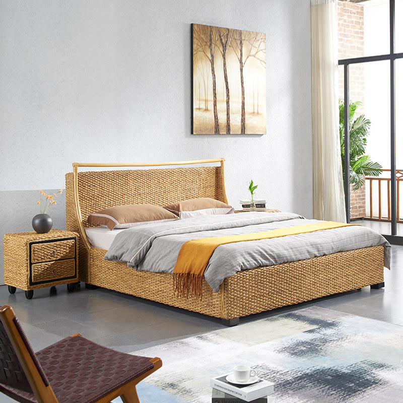 Real rattan bed rattan bed hotel apartment suite bedroom custom rattan bed Southeast Asian style hand-woven