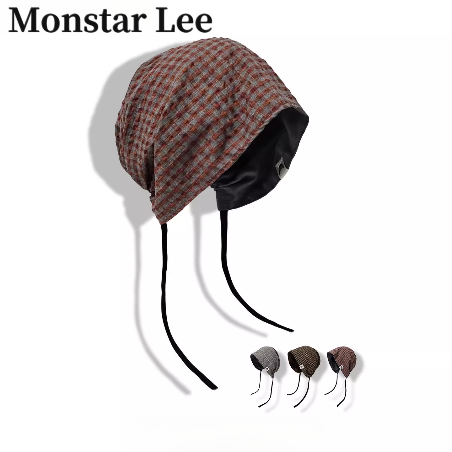 Monstar Lee日系复古双面格纹包头帽子女冬系带冷帽高级感堆堆帽