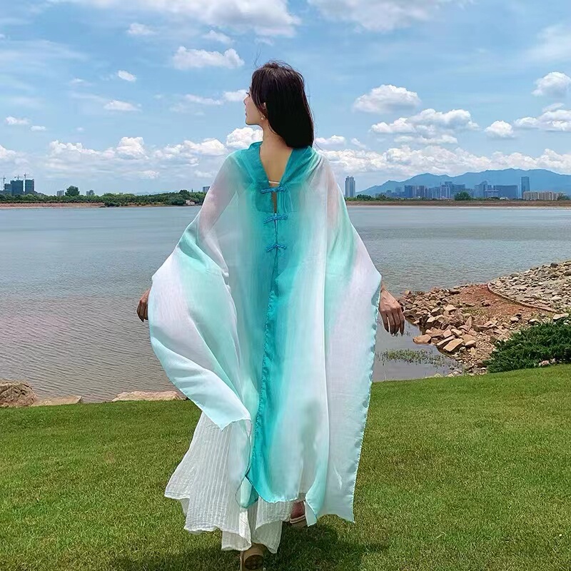 Summer Sun Protection Shawl, Versatile New Chinese Ethnic Style, Fashionable and Versatile, Tie-Dye Gradient, Travel Photography, Thin Silk Scarf