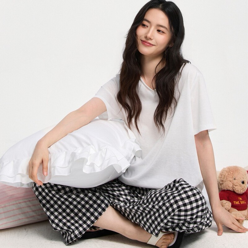 With Pockets Keshika Tencel Cotton Pajamas for Women Spring and Summer Short-Sleeved Long Pants Classic Plaid V-Neck Loungewear Set
